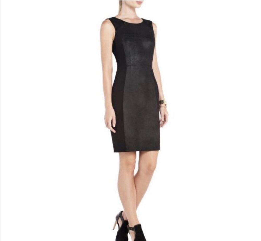 BCBGMAXAZRIA Kellen Black Faux Suede Sheath Dress 6 Bodycon Career Wedding Guest